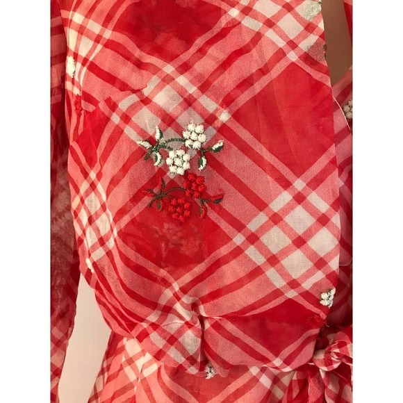 70s Gingham Maxi Dress Red Picnic Long Embroidered Garden Longsleeve 2 Piece Set - Picture 8 of 10